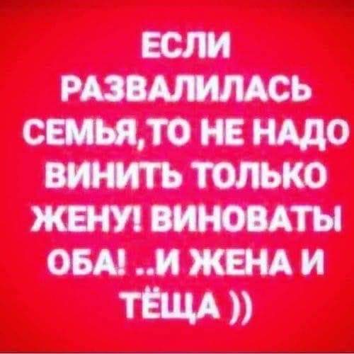 Всегда виноваты оба. Виноваты всегда оба и жена и теща. Если семья распалась виноваты оба жена и теща. В разводе всегда виноваты двое жена и тёща. В разводе виноваты оба и муж и свекровь.